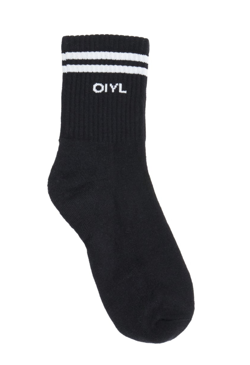 MEIA SPORTY PRETA COM LISTRAS E LOGO BRANCA